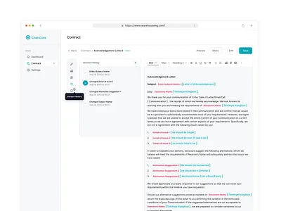 Contract Editor - Version History contract design editor fintech ui ui design ux ux design version history