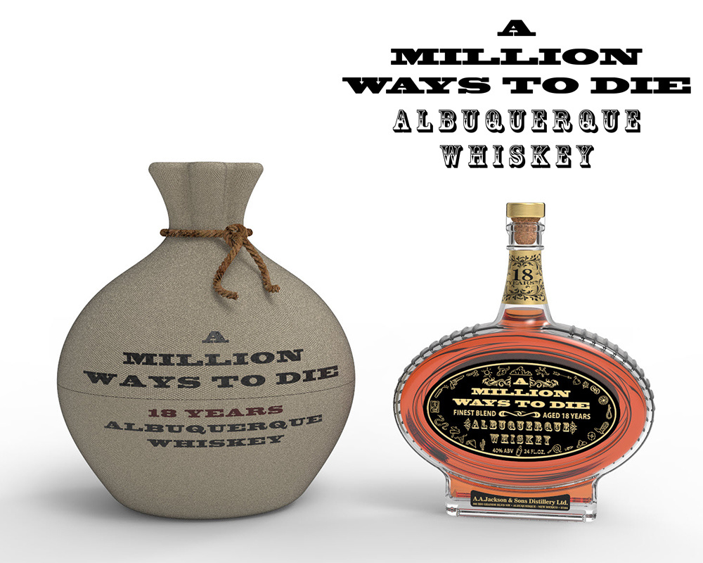 A Million Ways To Die - Albuquerque Whiskey 3d 3d modeling alcohol beverages bottle design brand identity branding branding design graphic design liquor package design packaging product design whiskey