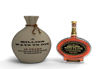 A Million Ways To Die - Albuquerque Whiskey 3d 3d modeling alcohol beverages bottle design brand identity branding branding design graphic design liquor package design packaging product design whiskey