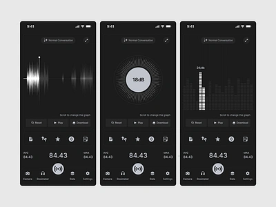 Modern Noise Analyzer App UI - Minimal & Elegant Design app appdesign decibel decibelmeter design figmadesign graphic noiseanalyzer product design sound soundapp ui ux voice