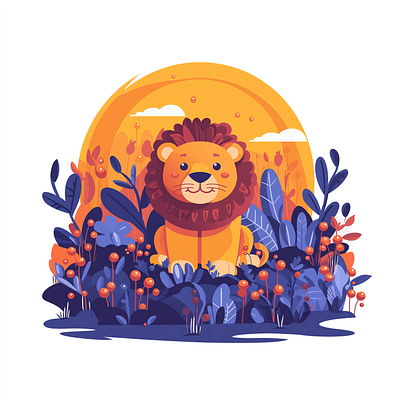 Lion in the tropical forest at sunset illustration sunset