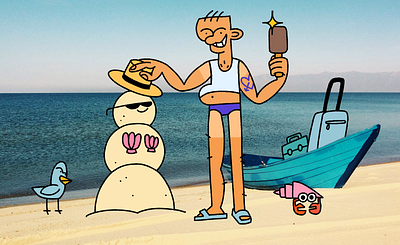 warm place to go during winter beach boat character character design emotion holiday illustration man ocean sand snowman travel