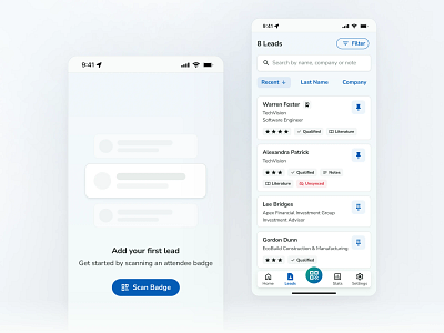 Lead List - Leads cards clean crm empty state event app filter sort lead retrieval list mobile app mobile ui product design ui design ux design