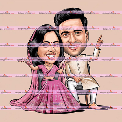 A caricature of a full-body Indian wedding couple in a playful 3d animation caricature art graphic design indian caricature art wedding caricature