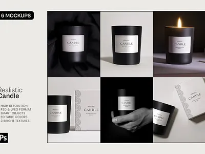 Realistic Candle - 6 Mockups Set 6 mockups set black candle box design box mockup box packaging candle candle box candle jar candle label candle mockup candle packaging candlelight realistic candle 6 mockups set realistic candle mockups realistic candle mockups set