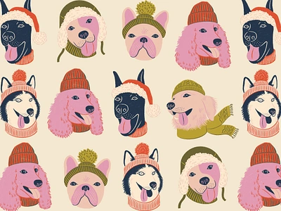 Christmas Pups Pattern bulldog christmas christmas dogs doberman dog wrapping paper dogs in beanies gift wrap golden retriever holiday holiday pattern husky poodle pug winter