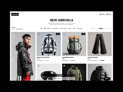 Velouré / Products page clothing products page shop snow ui ux web web design white