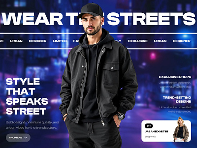 Fashion hero section for Framer built with Frameblox UI kit cta ecommerce fashion framer header headline hero kit landing product shop streetwear template ui ui design urban webdesign