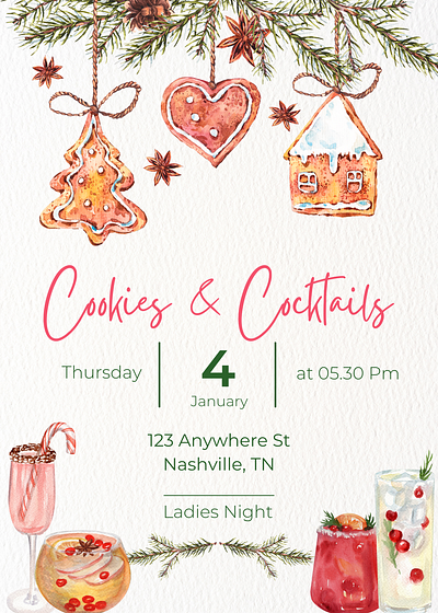 Winter Invitation - Ladies Night In christmas cocktail cookie digital design drinks holiday holiday party invitate invitation ladies night party watercolor