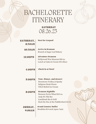 Sample - Boho - Bachelorette Itinerary bachelorette basic boho digital creation illustration itinerary marriage planning plans simple timeline travel wedding