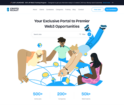 Web3 Job Listing Site Landing Page (Crypto Recruit) Redesign design illustration job listing job listing site job listing site landing page landing page redesign ui ui design ui ux web page web3 web3 landing page