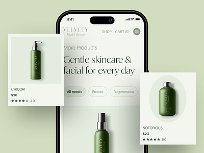 Velvety - Skincare Website Product Section Design beauty card clean cosmetic e commerce elegant health imagery minimalist modern online organic product section products responsive shopping skin tabs ui website