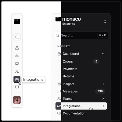 shadcn Sidebar - Collapsed vs Expanded (light & dark mode) app collapsed component dark dark mode expanded figma interaction light light mode shadcn sidebar ui ui design web app