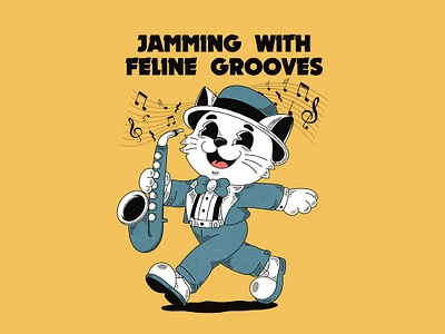 Jamming With Feline art cat cat cartoon cat character character design characterdesign characters cute art cute illustration design grooves illustration instrument jamming music musician musician cat retro cat