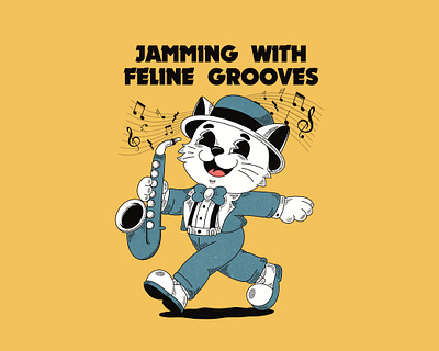 Jamming With Feline art cat cat cartoon cat character character design characterdesign characters cute art cute illustration design grooves illustration instrument jamming music musician musician cat retro cat