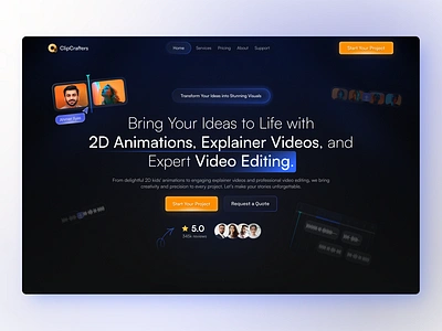 ClipCrafters - Video Editing Saas Landing Page 2danimation creativeagency explainervideos herosectiondesign modernwebdesign uiuxdesign videoeditingservices videoproduction webdesign webinterface