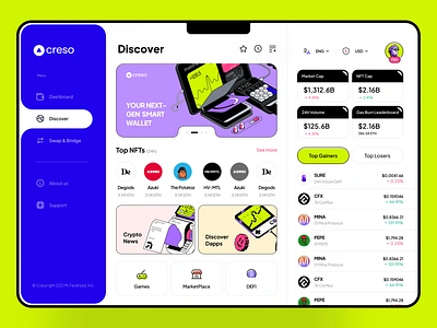 Creso - Web3 Dashboard App🔥 banking bitcoin dashboard design discover earn exchange finance meme nft smart wallet swap trend ui uidesign uiux wallet web web3 website