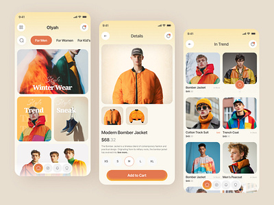 Fashion Mobile App - Olyah apo design app concept app design app designs branding concept e commerce e commerce design fashion app fashion app design jacket mobile app online app online store shopping ui ui design uiux visual visual design