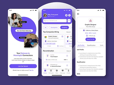 "Empowering Connections: Job Finder App Design" appinterface careerapp cleandesign flatdesign intuitiveux jobfinderapp jobportal jobsearchapp jobseekerui minimaldesign mobileappdesign mobileappui mobileui modernui networkingapp onboardingscreen purpletheme typographydesign uiuxdesign userfriendly