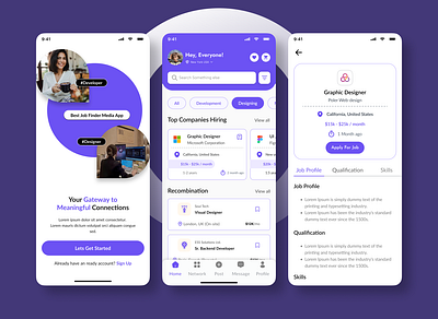 "Empowering Connections: Job Finder App Design" appinterface careerapp cleandesign flatdesign intuitiveux jobfinderapp jobportal jobsearchapp jobseekerui minimaldesign mobileappdesign mobileappui mobileui modernui networkingapp onboardingscreen purpletheme typographydesign uiuxdesign userfriendly