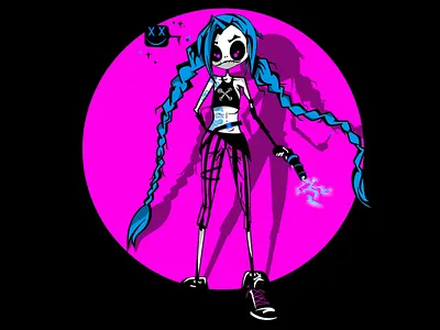 Jinx arcane black blue dangerous digital art gun illustration jinx pink powder procreate
