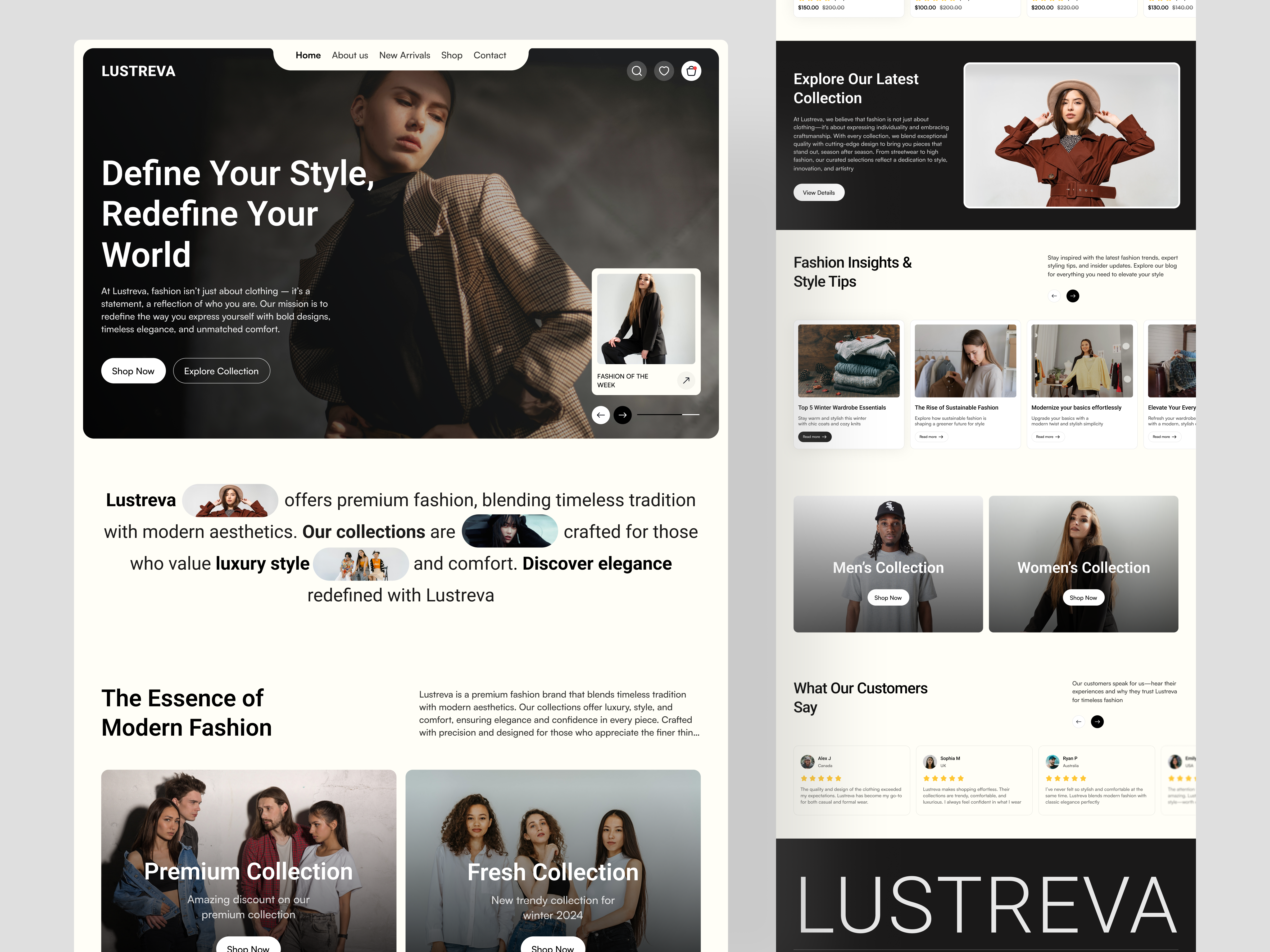Modern Elegance - Lustreva Landing Page clothing brand dreses ecommerce ecommerce shop fashion home page landing page luxury style man fashion modern design online market selling shoping style ui ui design ux ux design webdesign women fashion