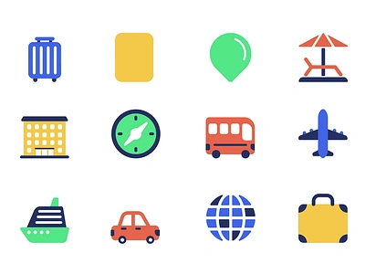 Travel Vacation 2d Icons Set Animation 2d animation bag bus car compass flat globe hotel icons illustration map mark motion passport plane ship suitcase sunbed travel vacation