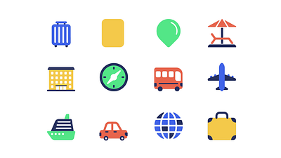 Travel Vacation 2d Icons Set Animation 2d animation bag bus car compass flat globe hotel icons illustration map mark motion passport plane ship suitcase sunbed travel vacation