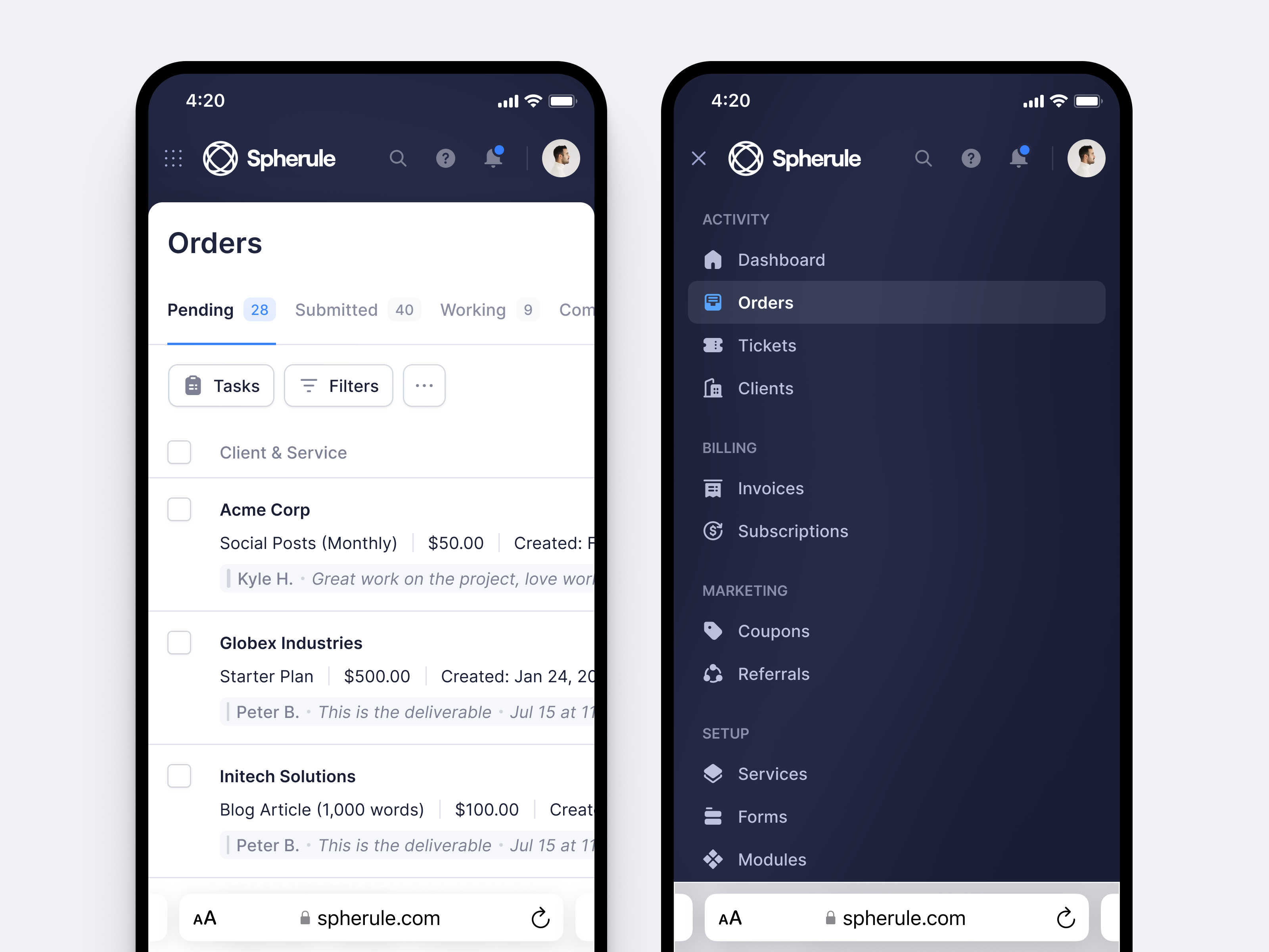 Example of Mobile SaaS Menu Interaction