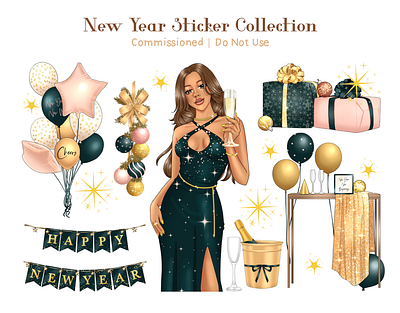 Sticker Sheets Commission | New Year Celebration 2d illustration art cartoons celebration character design christmas clipart concept digital art drawing editorial festive holiday illustration new year print product design stickers winter