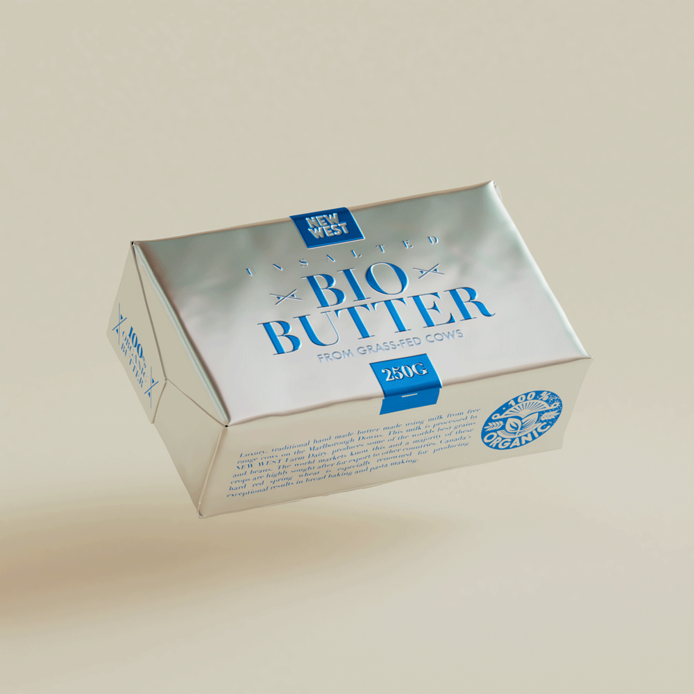 NEW WEST Bio Butter Packaging/Visualization 3d branding cinema 4d design foil food packaging pouch redshift visualization