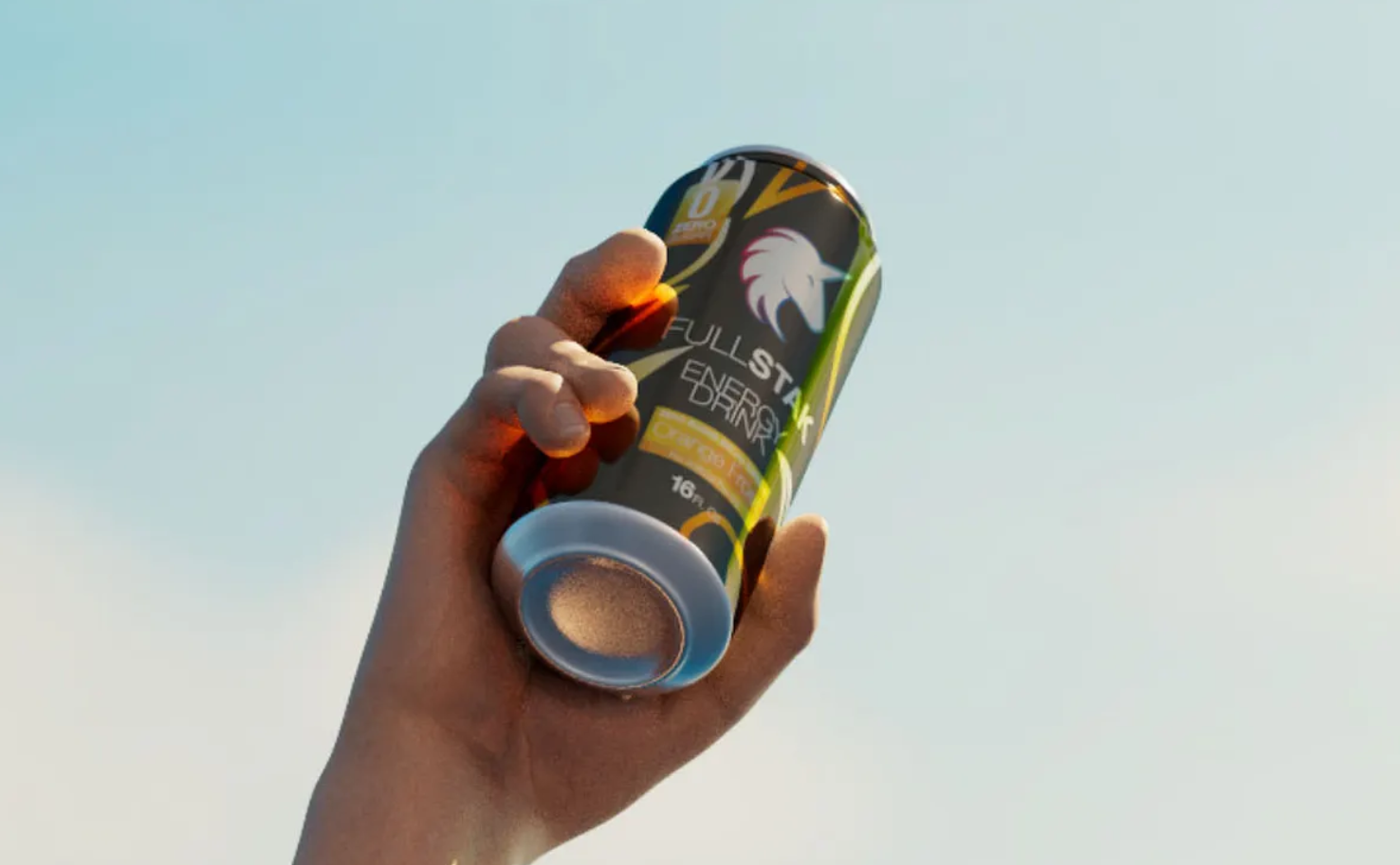 Energy drink 3D visualization 3d can cinema 4d design in hand packaging ra redshift visualization