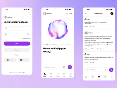 Thinkera - AI Conversational Chatbot App ai ai bot ai chat app app design bot chat chat app chat generator chatbot chatting design illustrations messaging app mobile mobile design ui ui design ux web design