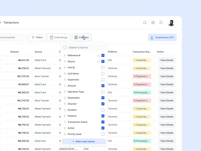 Customizable Table Columns with Attribute Addition admin app attribute column column mangement crm dashboard data data tables design filter filtering finance minimal operations saas sorting table ui ux