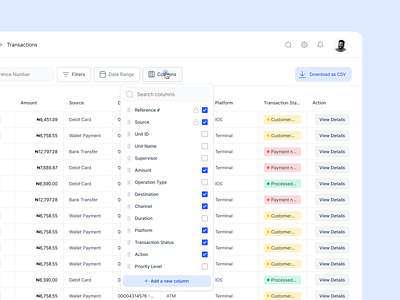 Customizable Table Columns with Attribute Addition admin app attribute column column mangement crm dashboard data data tables design filter filtering finance minimal operations saas sorting table ui ux