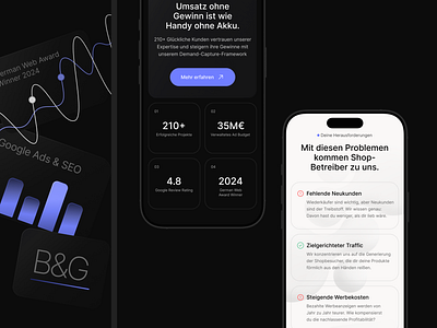 B&G. Design for Google Ads & SEO company. Mobile agency black background company creative design digital google ads graphics illustration interface landing page marketing mobile modern phone seo ui ux webdesign website