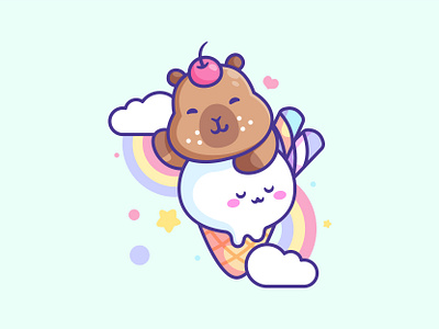 Capybara animal capybara cartoon cerry character cream cute happy ice ice cream illustration rainbow summer