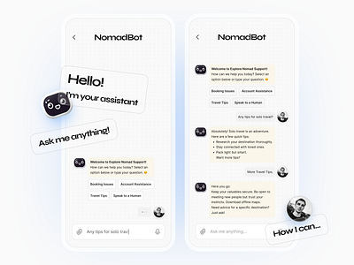 NomadBot – Your Friendly Travel Assistant! 🌍✈️ chatbot chatbot ui daily ui challenge dailyui live chat robot chat support chat travel support chat travelling app