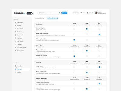 Notification Setting Dashboard dashboard design notification setting ui uiux web website website design