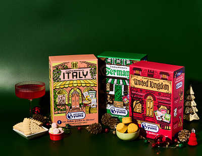 Universal Yums Tasting Adventures Snack Boxes architecture branding branding design candy design drawing food food packaging germany hand drawn houses illustration illustration art illustrator italy packaging packaging design packaging illustration snacks visual identity