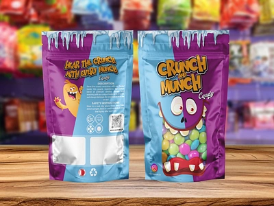 Crunch and munch candy pouch packaging design baby babyfood branding candy candybag candyshop crunch design dryfood food foodpackaging freeze graphic design illustration label label design logo munch packaging pouch