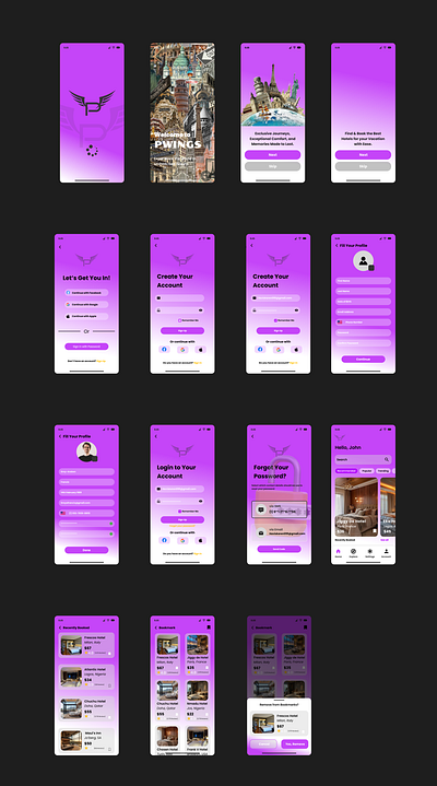 "PWINGS" is an hospitality reservation app. app branding design graphic design ui vector