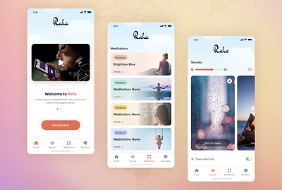 Discover Inner Peace with Raha(Mobile app design) brand identity conceptual design innovative ux design inspiring design process material design system figma mobile app redesign mobile app uiux design services mvp creation mvp prototype product development roadmap ui design inspiration ui design services uiux consulting services uiux design services uiux design system user research ux design principle ux researcher
