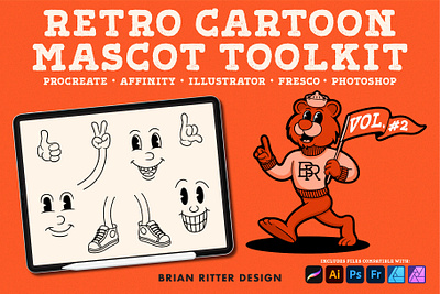 Retro Cartoon Mascot Toolkit Vol. 2 adobe affinity designer branding cartoon character design design fresco funny characters illustration illustrator mascot photoshop procreate procreate brushes retro sports vector vintage