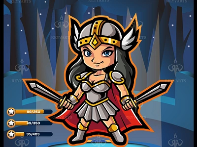 Cute kawaii cartoon valkyrie hero game design holding a sword. artwork chibi cute design esport fighter funny game hera illustration kwaii logo mascot reyyarts spartan tshirt valkyrie vector