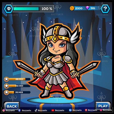 Cute kawaii cartoon valkyrie hero game design holding a sword. artwork chibi cute design esport fighter funny game hera illustration kwaii logo mascot reyyarts spartan tshirt valkyrie vector