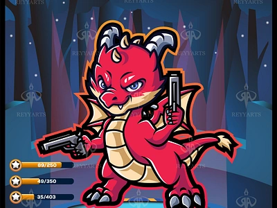 Cute kawaii cartoon red dragon hero game design holding a gun. artwork chibi cute design dragon esport game gaming gunners hero hydra illustration kawaii little logo mascot red tshirt vector