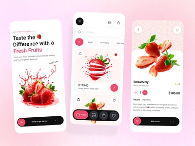 Fresh Fruits - Food App UI-UX Design clean ui cpdesign ecommerce app food delivery fresh fruit fruit delivery fruit mobile app fruit order fruits app grocery app ios online shop trending ui ui design user experience ux vegetables