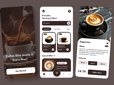 "Coffee Lovers' Delight – A Minimalist Coffee App Design ☕" appdesign coffeeapp coffeedesign coffeelovers coffeeshop dailycoffee darkthemedesign elegantdesign foodapp interactivedesign menuinterface minimalistui mobileappdesign mobileui modernui onboardingscreen productpage uiinspiration uiuxdesign userexperience