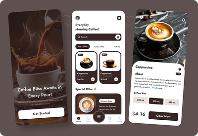 "Coffee Lovers' Delight – A Minimalist Coffee App Design ☕" appdesign coffeeapp coffeedesign coffeelovers coffeeshop dailycoffee darkthemedesign elegantdesign foodapp interactivedesign menuinterface minimalistui mobileappdesign mobileui modernui onboardingscreen productpage uiinspiration uiuxdesign userexperience